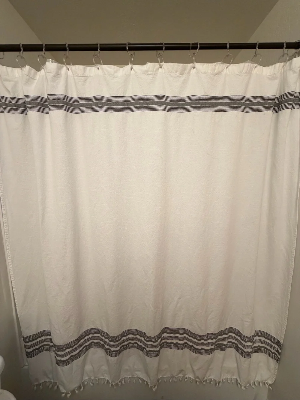 Threshold White Shower Curtain with Gray Stripe Accents